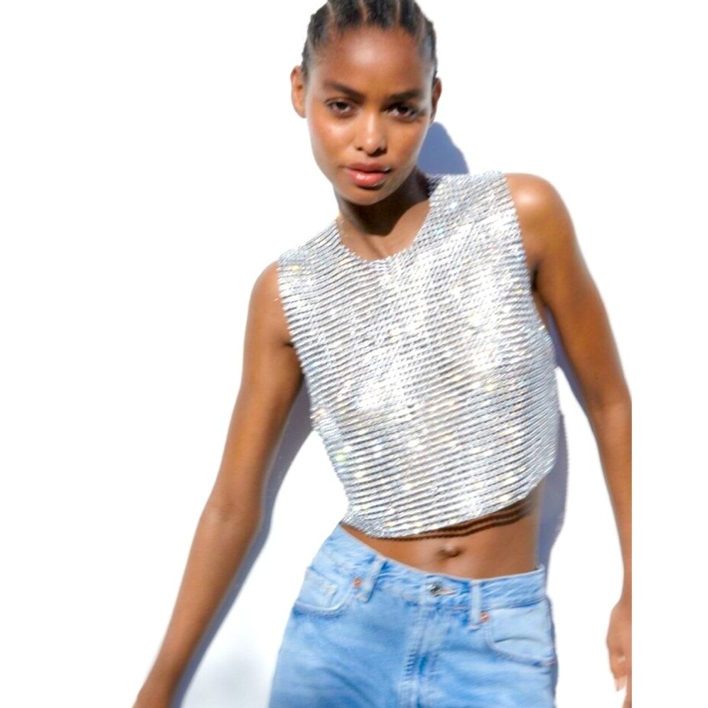 Zara Silver Sequin Cropped Tank Top